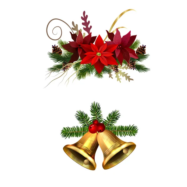 Decoraciones navideñas con campanas de jingle dorado de abeto — Vector de stock