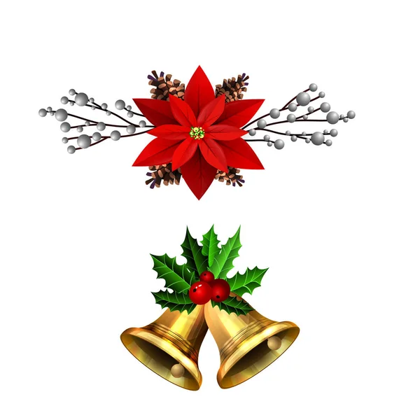 Χριστουγεννιάτικα στολίδια με έλατο χρυσά κουδούνια — Διανυσματικό Αρχείο