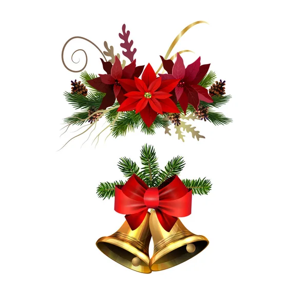 Decoraciones navideñas con campanas de jingle dorado de abeto — Vector de stock