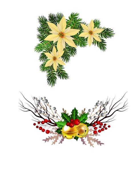 モミの木黄金のジングルベルとクリスマスの装飾 — ストックベクタ