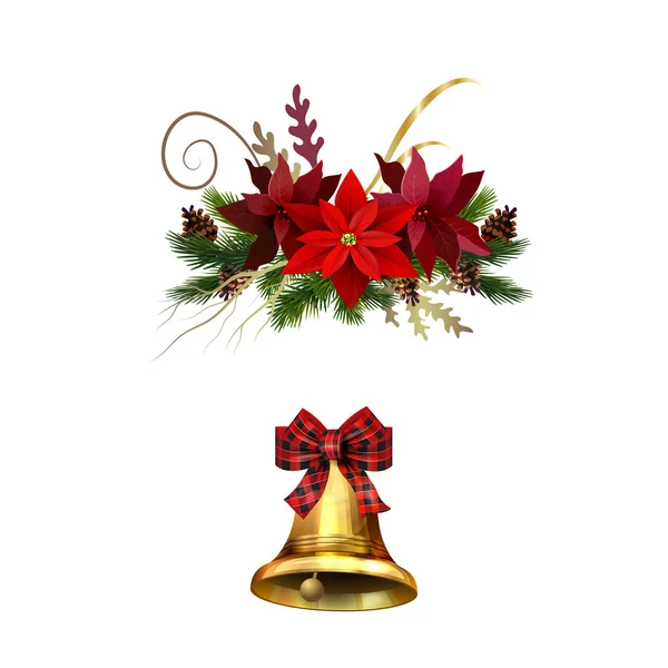 Decoraciones navideñas con campanas de jingle dorado de abeto — Archivo Imágenes Vectoriales