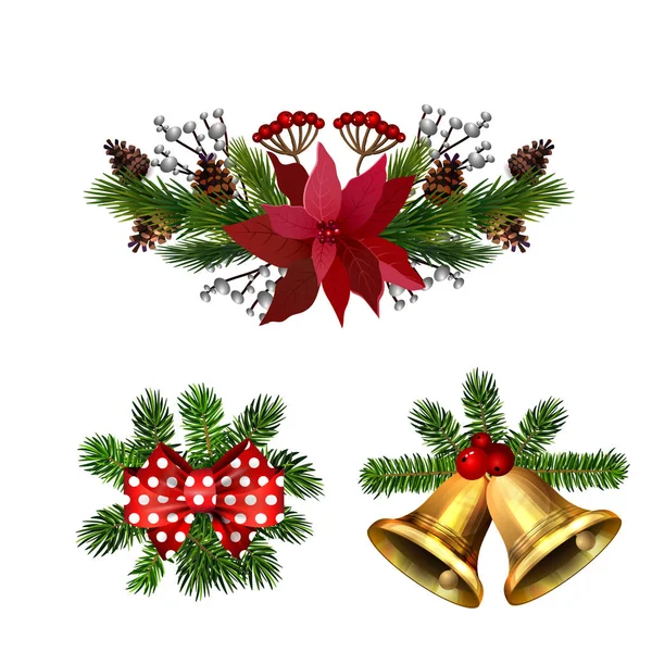 Juldekorationer med gran träd gyllene jingel klockor — Stock vektor