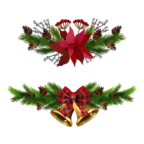 Decoraciones navideñas con campanas de jingle dorado de abeto — Archivo Imágenes Vectoriales