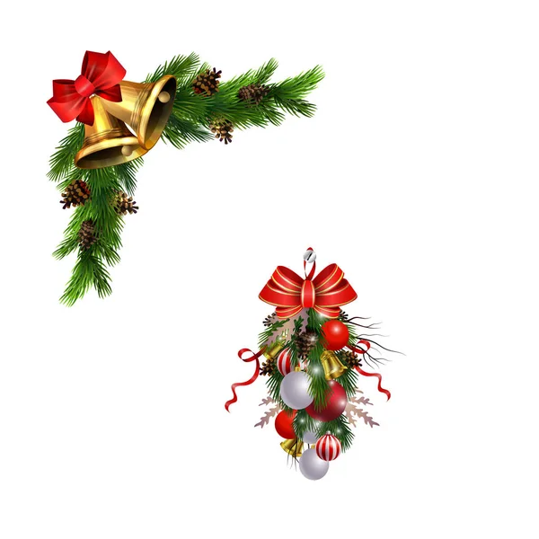 Kerstversiering met dennenboom gouden jingle bells — Stockvector