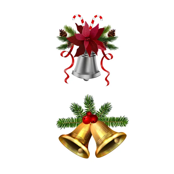 Різдвяні прикраси з ялинкою золотими дзвонами — стоковий вектор