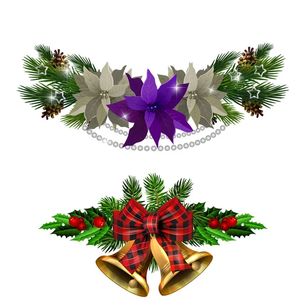 Decoraciones navideñas con campanas de jingle dorado de abeto — Vector de stock