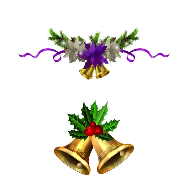 Decoraciones navideñas con campanas de jingle dorado de abeto — Vector de stock