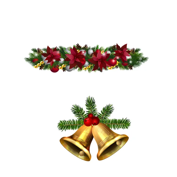 Decoraciones navideñas con campanas de jingle dorado de abeto — Vector de stock