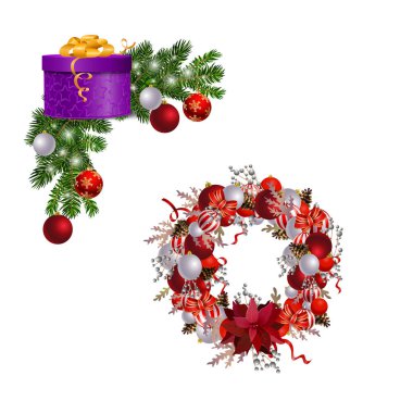 Köknar ağacı koleksiyonu olan Noel süslemeleri izole