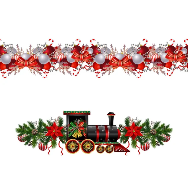 Malý vánoční vlak hladký vzor zdobené červené stuhy vektor — Stockový vektor