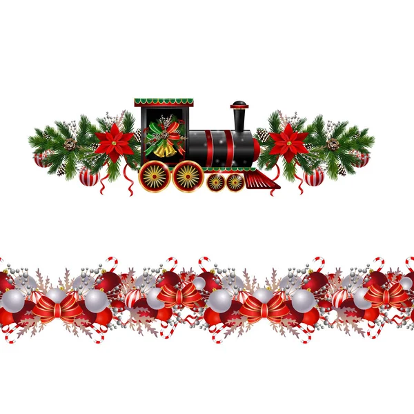 Kleine Weihnachtszug nahtlose Muster dekoriert rotes Band Vektor — Stockvektor