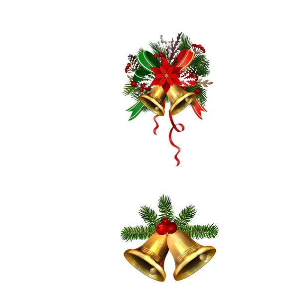 Decoraciones navideñas con campanas de jingle dorado de abeto — Vector de stock