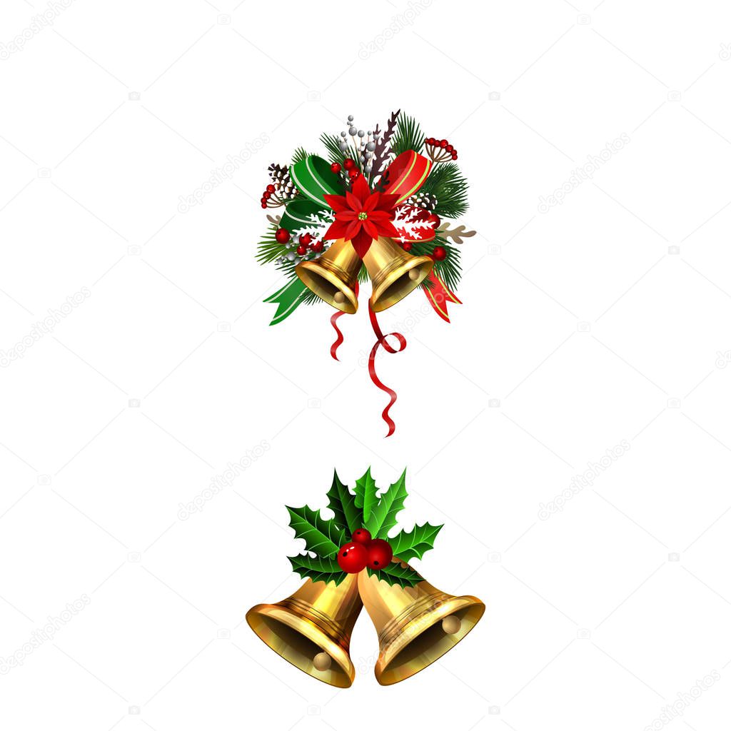 Christmas decorations with fir tree golden jingle bells