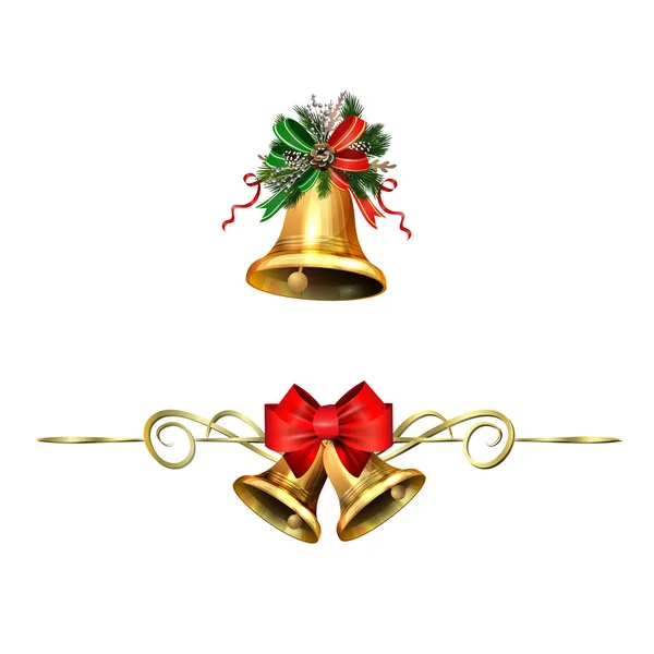 Decoraciones navideñas con campanas de jingle dorado de abeto — Vector de stock