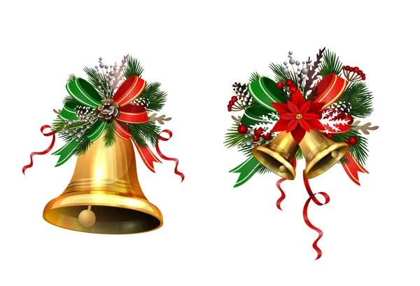 Christmas decorations with fir tree golden jingle bells — Stock Vector