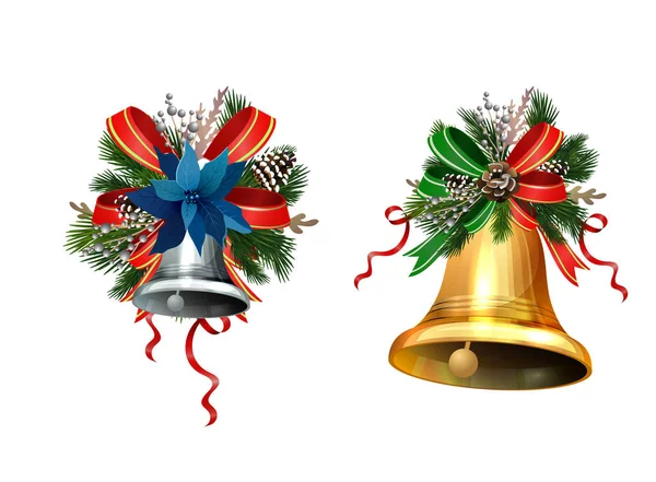 Décorations de Noël avec des cloches de jingle d'or sapin — Image vectorielle