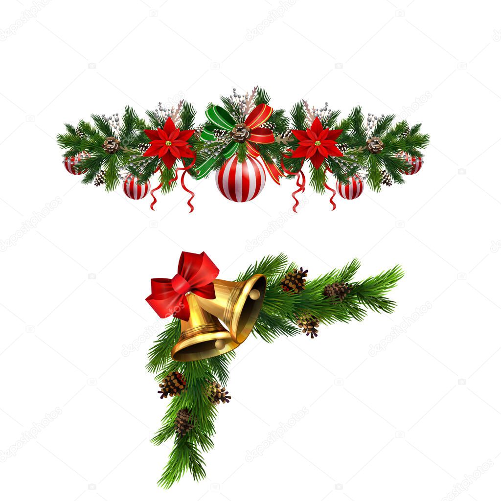 Christmas decorations with fir tree golden jingle bells