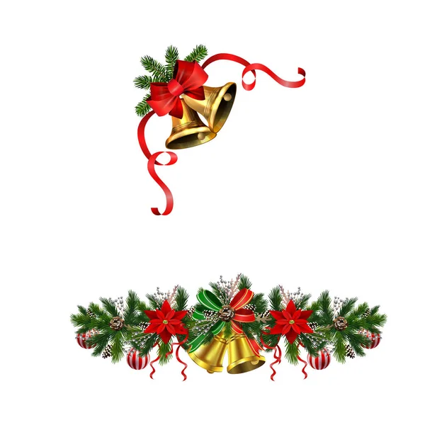 Decorações de Natal com abeto dourado sinos jingle —  Vetores de Stock