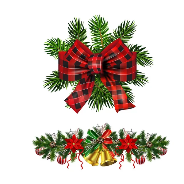 Decoraciones navideñas con campanas de jingle dorado de abeto — Vector de stock