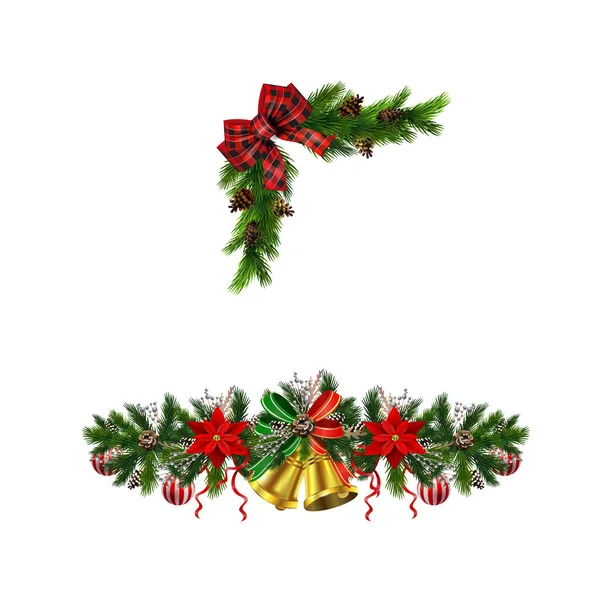 Weihnachtsschmuck mit Tannenbaum goldene Glöckchen — Stockvektor