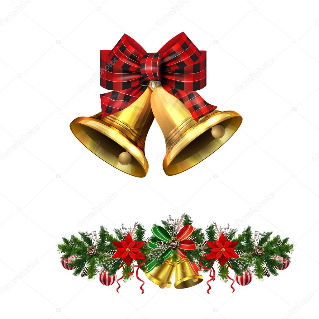 Christmas decorations with fir tree golden jingle bells