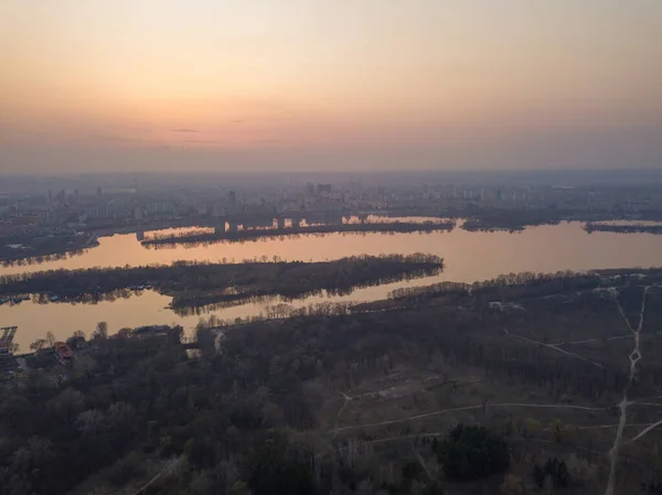 Pôr Sol Sobre Rio Dnieper Kiev Vista Aérea Drones — Fotografia de Stock