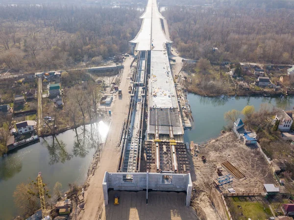 Construction Pont Kiev Sur Fleuve Dniepr Vue Aérienne Drone — Photo