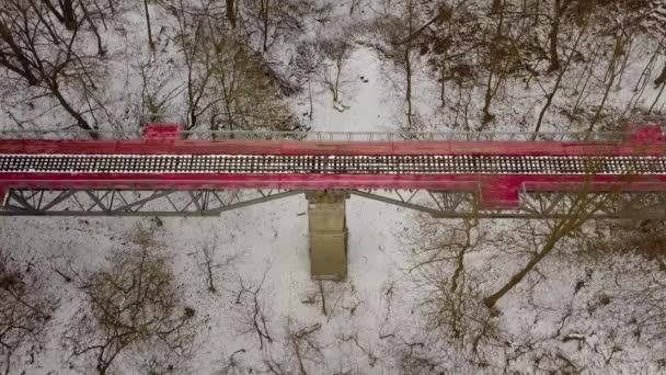 スノーパークの子供鉄道の赤い鉄道橋の空中ビュー — ストック動画