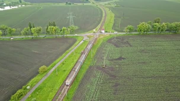 Aerial View Train Beautiful Agricultural Fields — Stock Video
