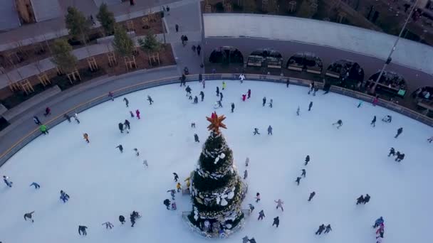 Αεροφωτογραφία Του Παγοδρόμιο Χριστουγεννιάτικο Δέντρο Στο Κέντρο — Αρχείο Βίντεο
