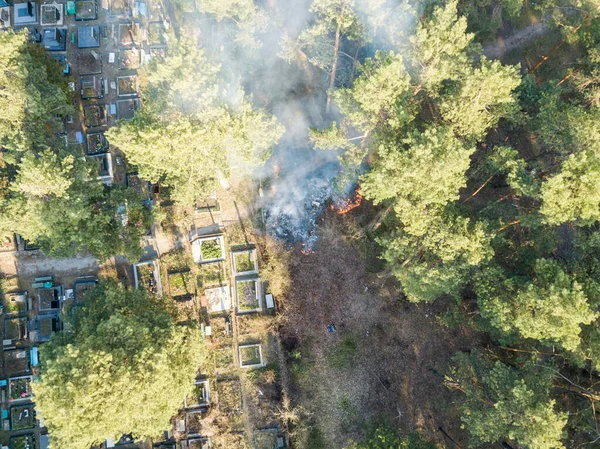 Fire Forest Cemetery Smoke Envelops Conifers Aerial Drone — Stock Photo, Image