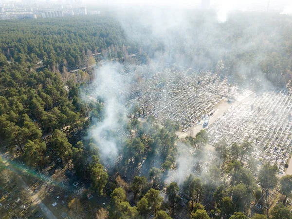 Fire near the garage cooperative. Aerial drone view.