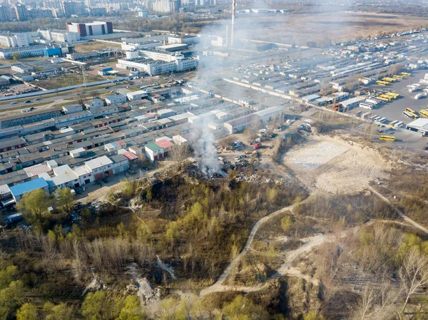 Fire near the garage cooperative. Aerial drone view.