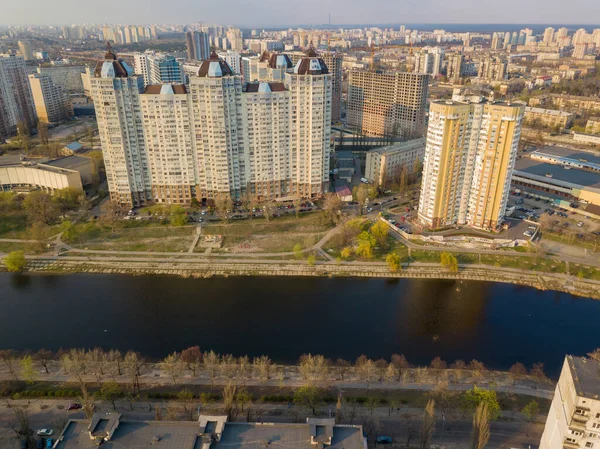 Zona Residenziale Rusanovka Kiev Sotto Sole Della Sera Aeri — Foto Stock