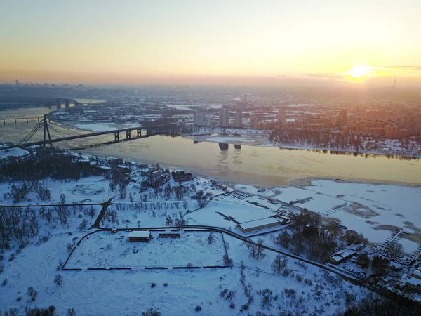 Vista Aérea Drone Vista Rio Dnieper Kiev Com Uma Manhã — Fotografia de Stock