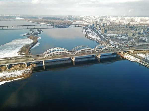 Letecký Výhled Železniční Most Darnitský Automobil Kyjevě — Stock fotografie