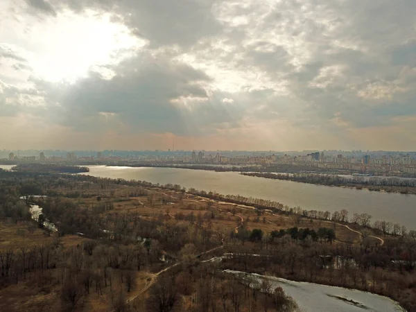 Coucher Soleil Sur Rivière Dniepr Kiev Vue Aérienne Drone — Photo