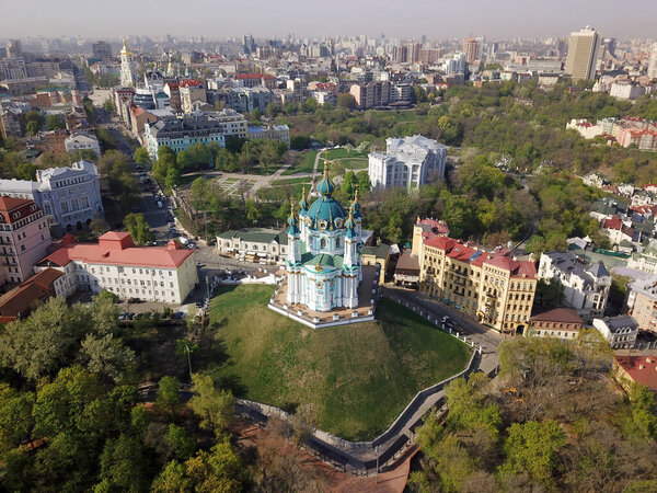 Aerial drone view. St. Andrews Church in Kyiv in early spring on sunny day