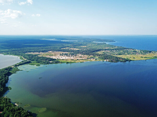 Beautiful Dnieper River in Kyiv. Aerial drone view