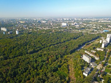 Bahar günü şehrin varoşlarındaki yaprak döken orman. Hava aracı görünümü