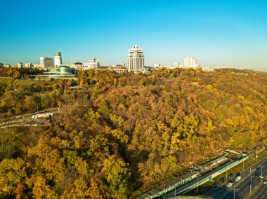 Bir bahar günü, şehrin kenar mahallelerindeki yaprak döken orman. Hava aracı görünümü