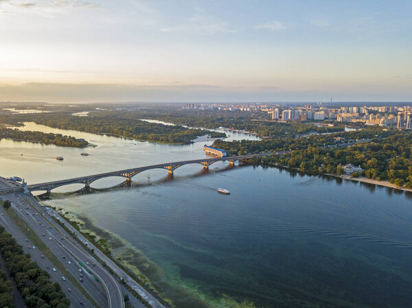 Beautiful Dnieper river in Kyiv. Aerial drone view