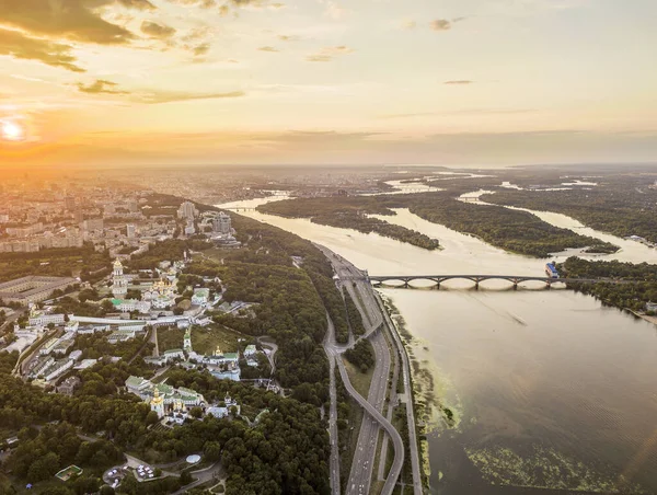 Vista Aerea Veduta Del Fiume Dnieper Kiev Durante Tramonto — Foto Stock