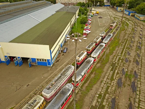 Trams Het Grondgebied Van Tram Elektrische Depot Kiev Luchtdrone Zicht — Stockfoto