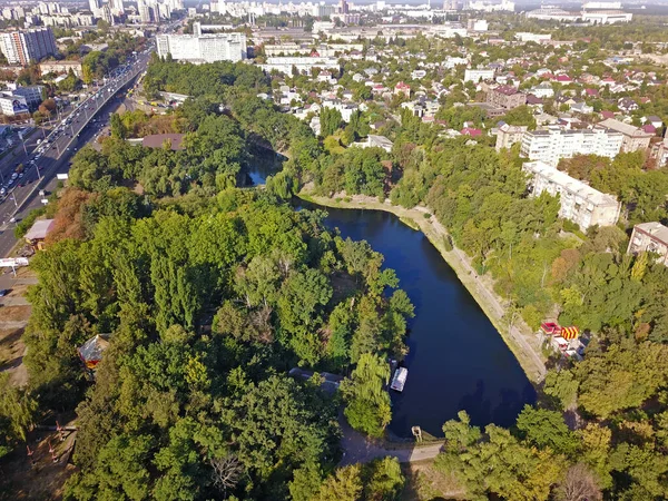 Aerial drone view. Buildings on edge of coniferous forest