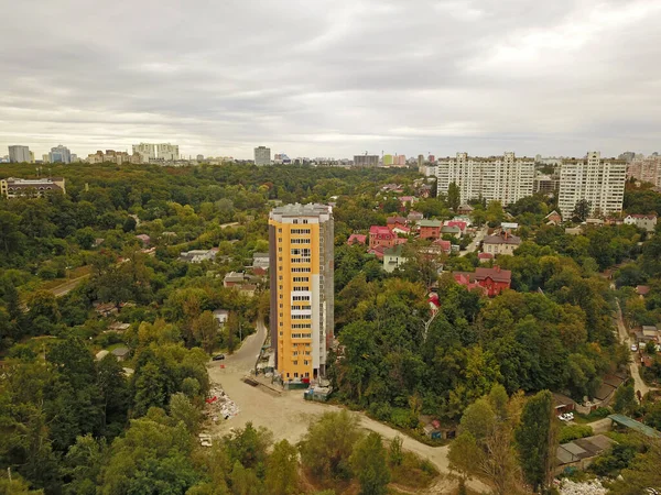 Aerial drone view. Buildings on edge of coniferous forest