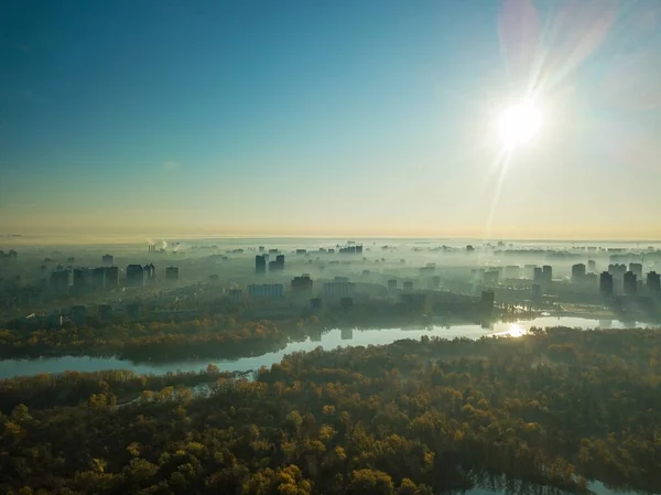 Vue Aérienne Sur Drone Foggy Matin Kiev Silhouettes Maisons Visibles — Photo