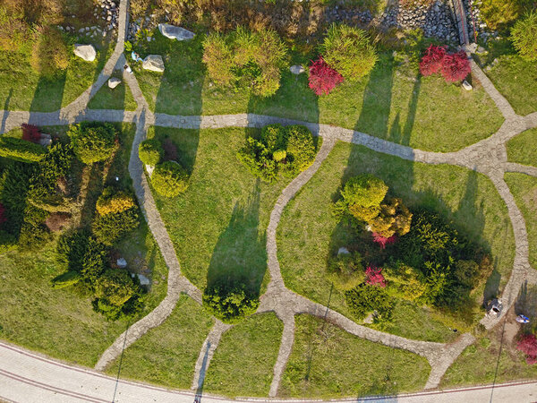 Aerial view. Footpaths in the autumn park