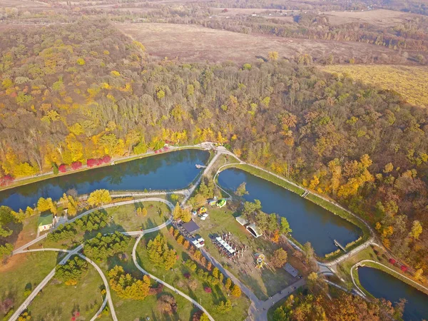 Footpaths in park near green lakes. Aerial drone view