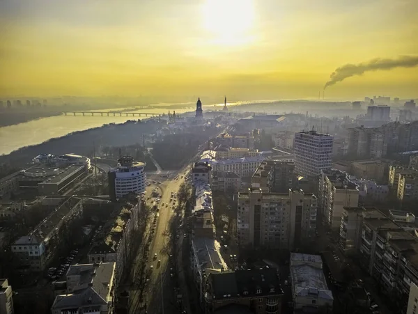 Beautiful view of Kyiv during sunset. Aerial drone view